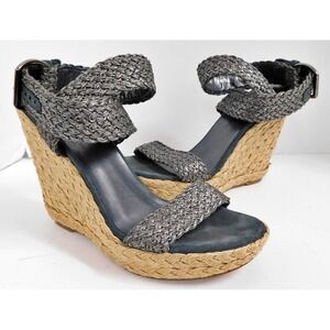 Stuart Weitzman Alex Pewter Wedge Espadrille Woven Ankle Macrame Wedges 8.5 M